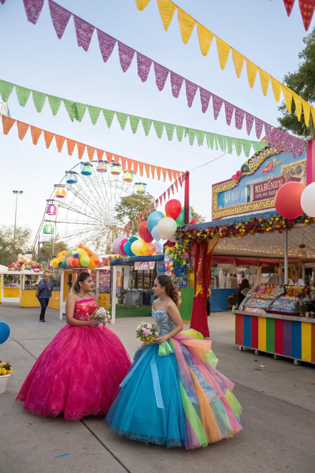 A lively festival-themed quinceanera with carnival-inspired decor.