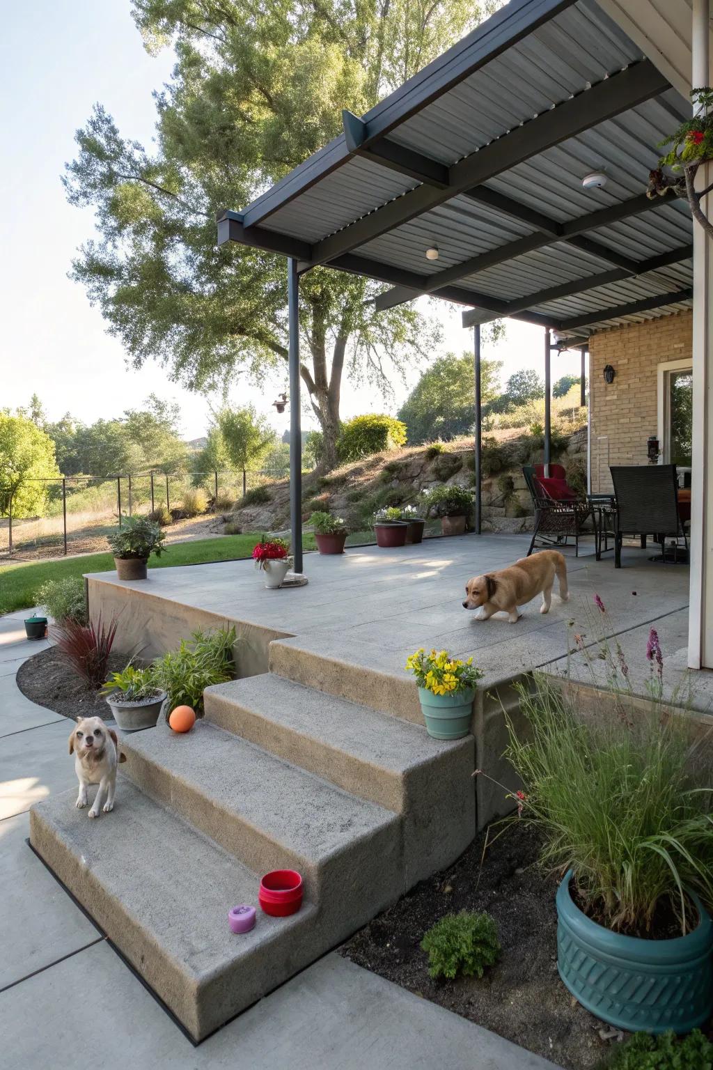 Pet-friendly design elements make this raised concrete patio enjoyable for all family members.