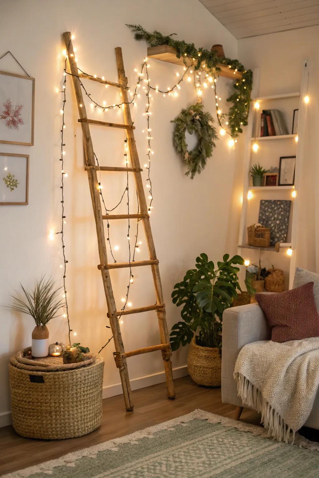 A rattan ladder offers a versatile decor option.