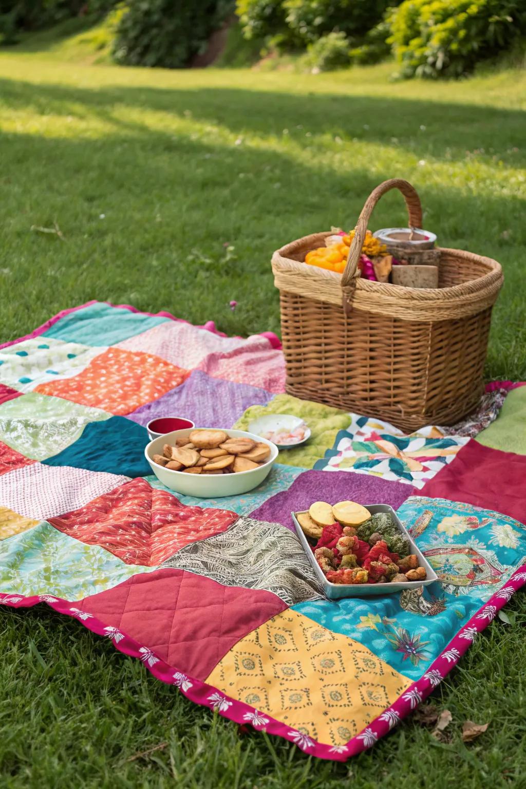 A vibrant picnic blanket crafted from old skirts is ideal for outdoor fun.