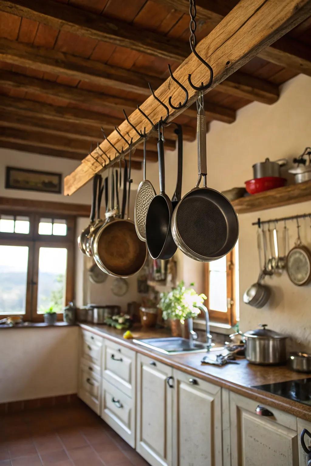 Hanging pots and pans create a focal point in a rental kitchen.