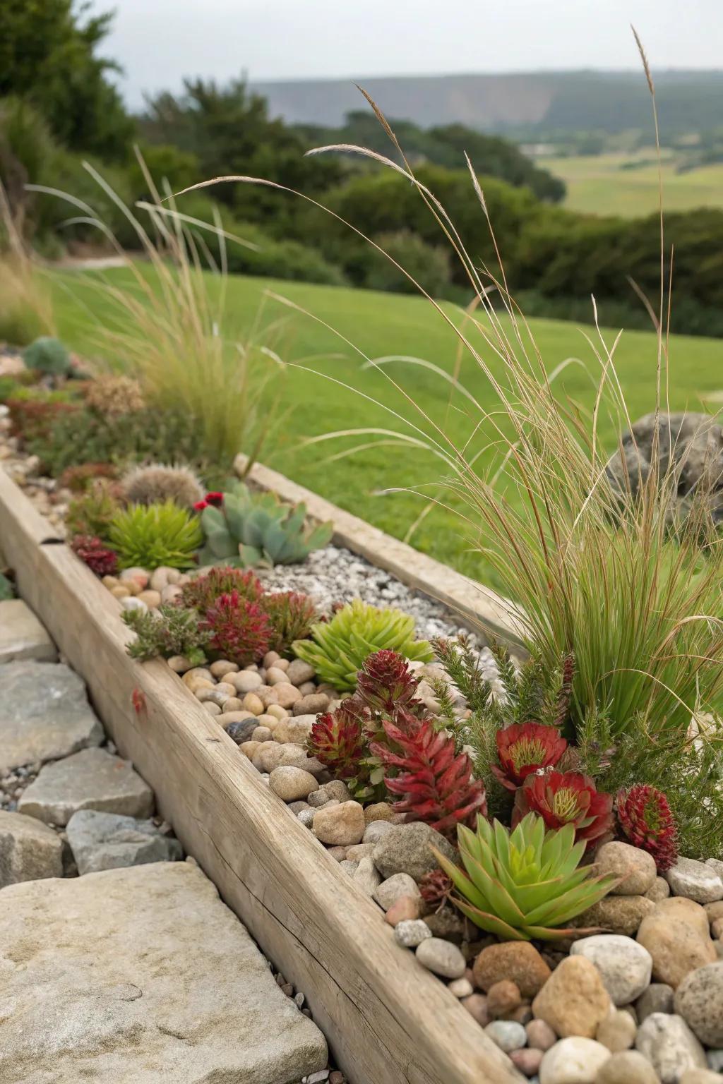 A raised rock garden bed adds dimension and interest.