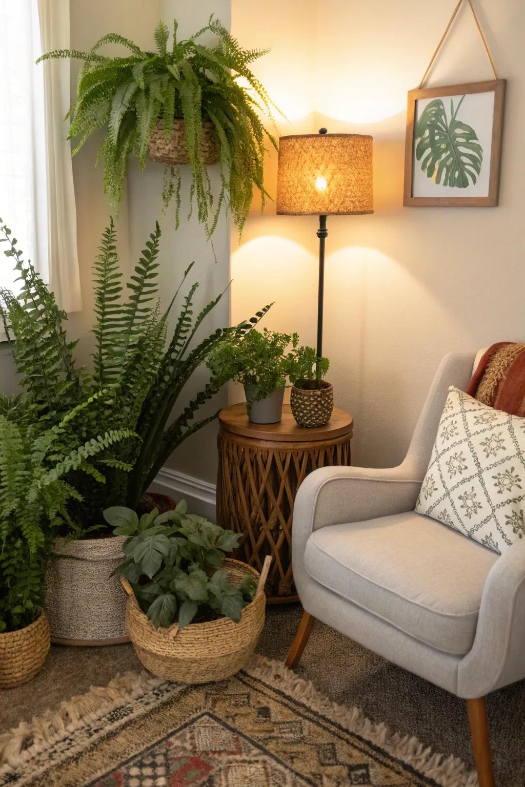 Cozy corner transformed with faux plant arrangements.