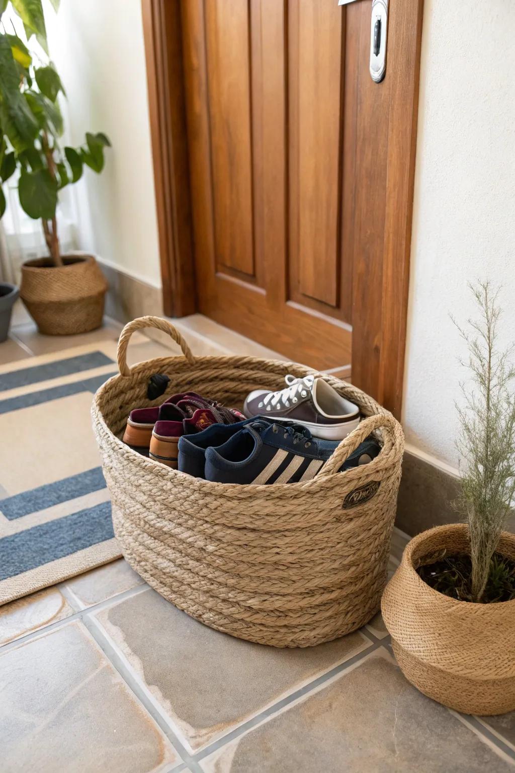 A rope basket helps keep entryway clutter-free and organized.