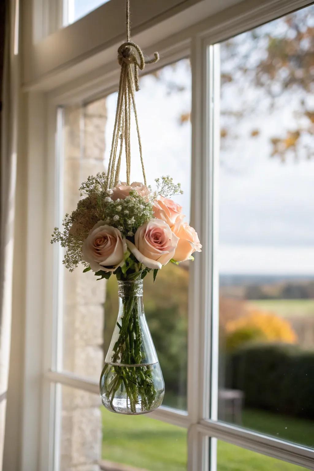 Hanging vases give rose arrangements a delicate and airy presentation.