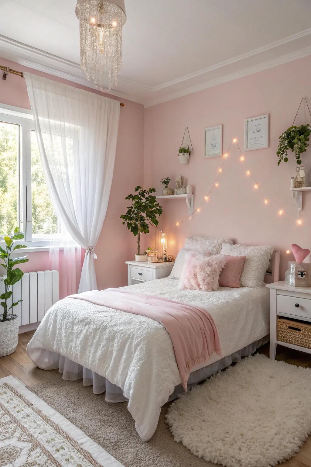 Serene sanctuary with soft pink and white.