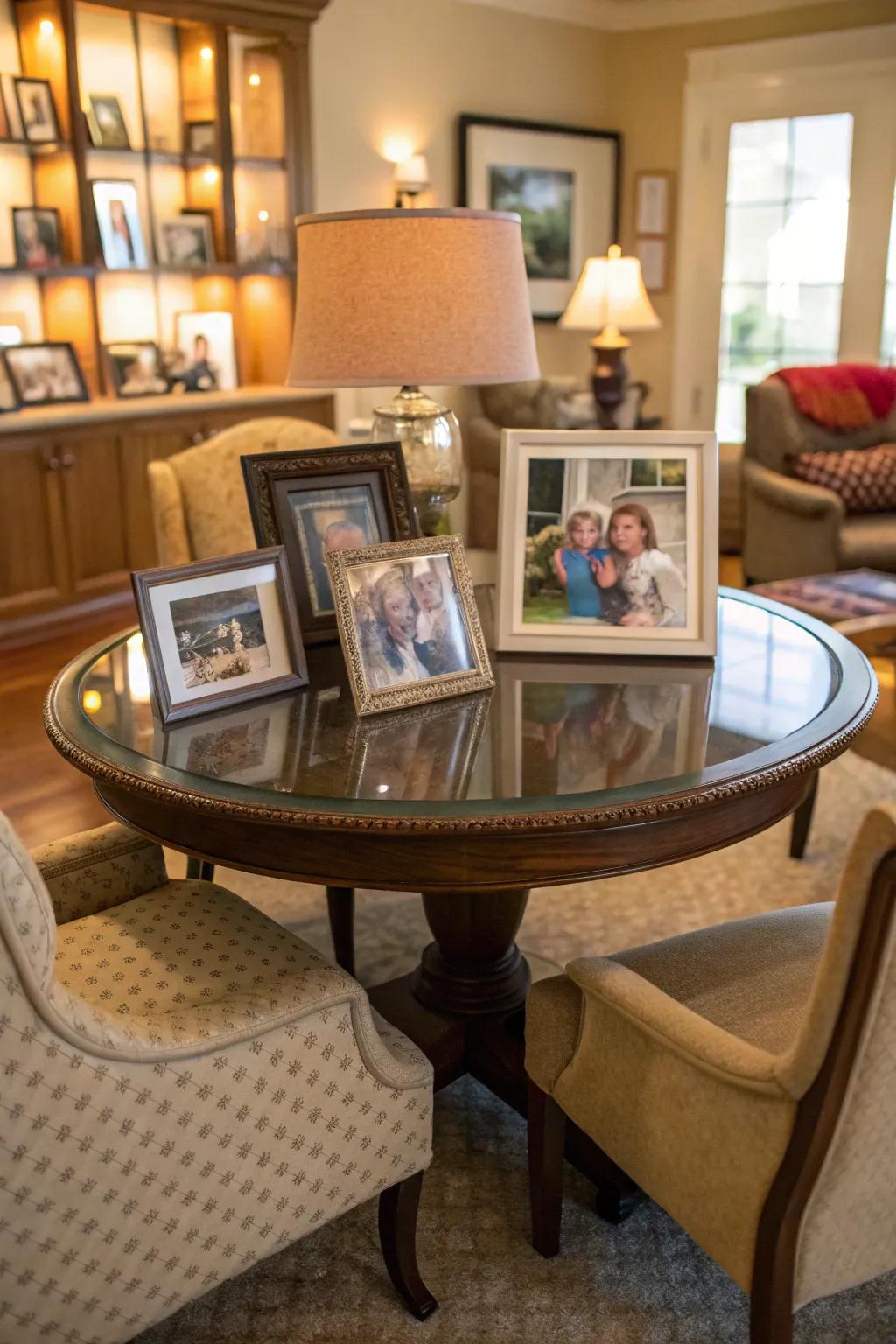 A personalized table with family photos creates a warm and inviting atmosphere.