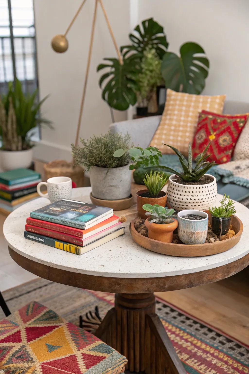 An eclectic mix on round tables adds depth and character to the decor.