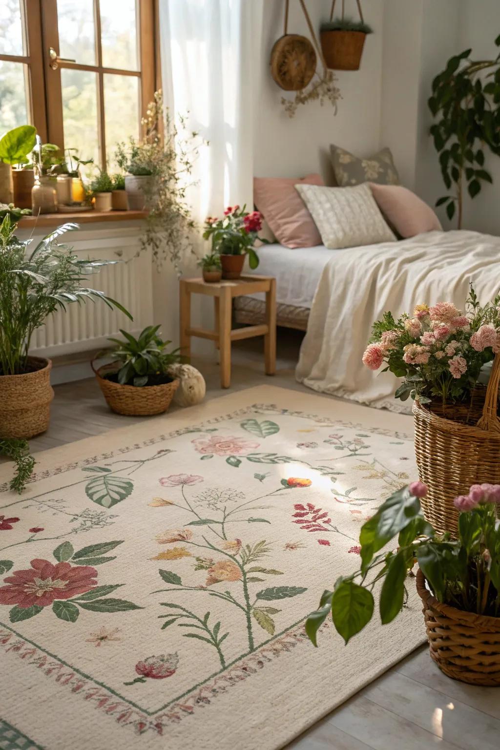 A floral patterned rug introduces a fresh and lively element to a bedroom.