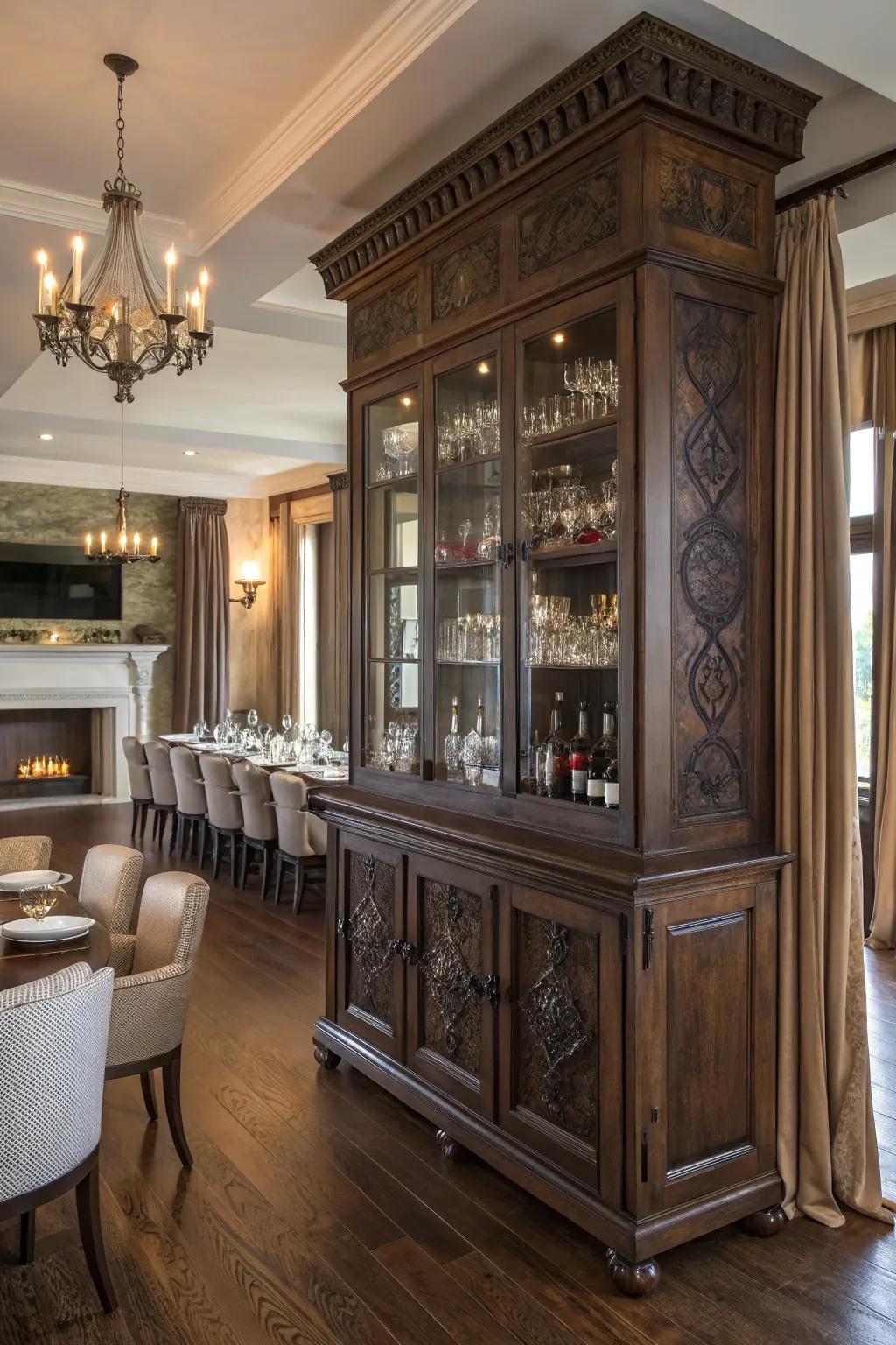 An antique-inspired bar cabinet, offering vintage elegance.