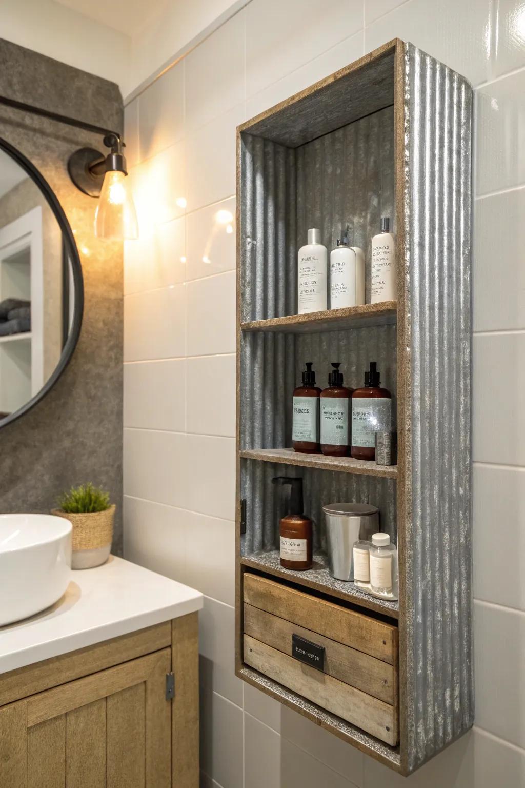 A corrugated metal niche provides stylish storage for toiletries in this rustic bathroom.