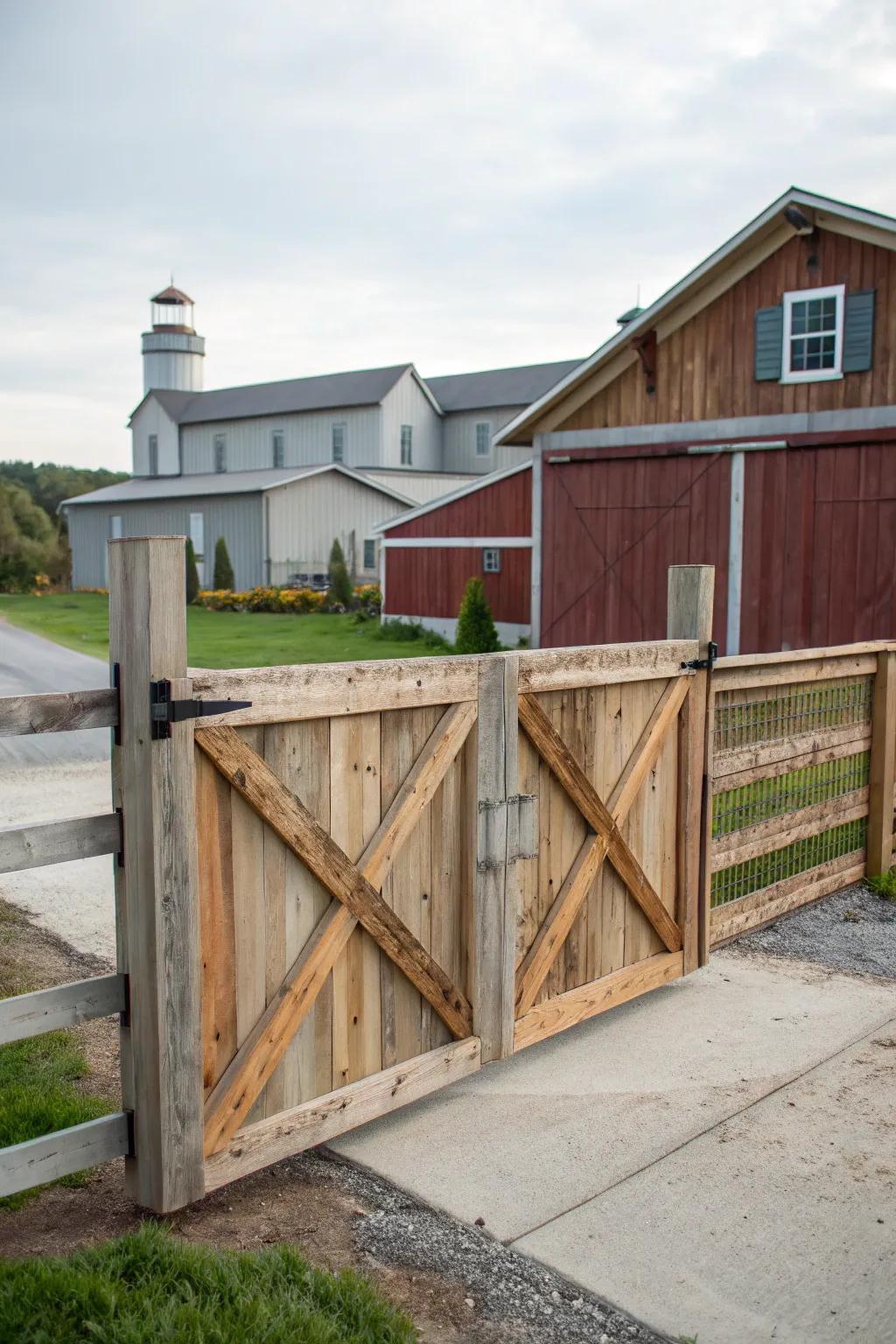 Barn-style sliding gates offer modern functionality with rustic charm.