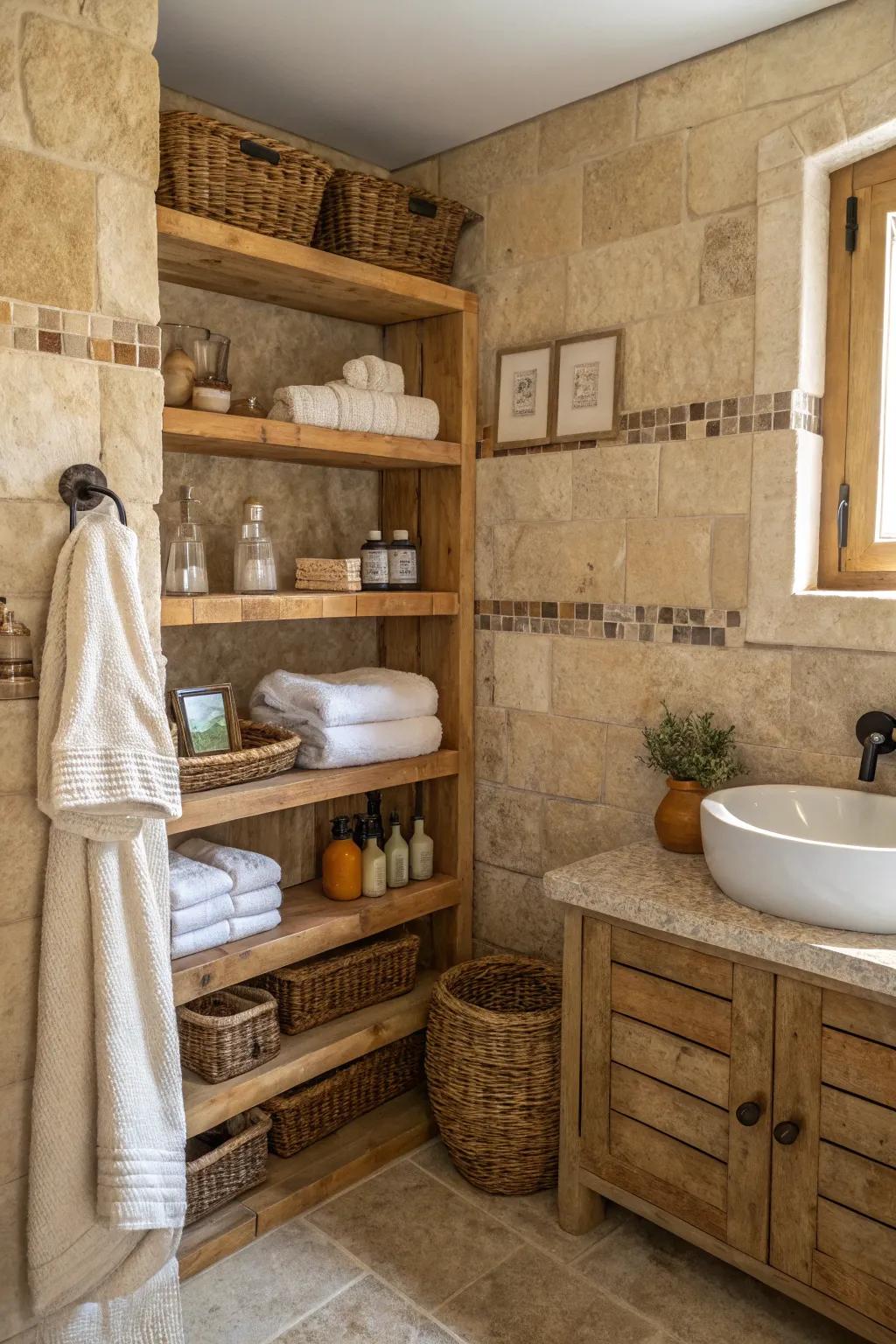 Open shelving offers both function and style in a travertine bathroom.