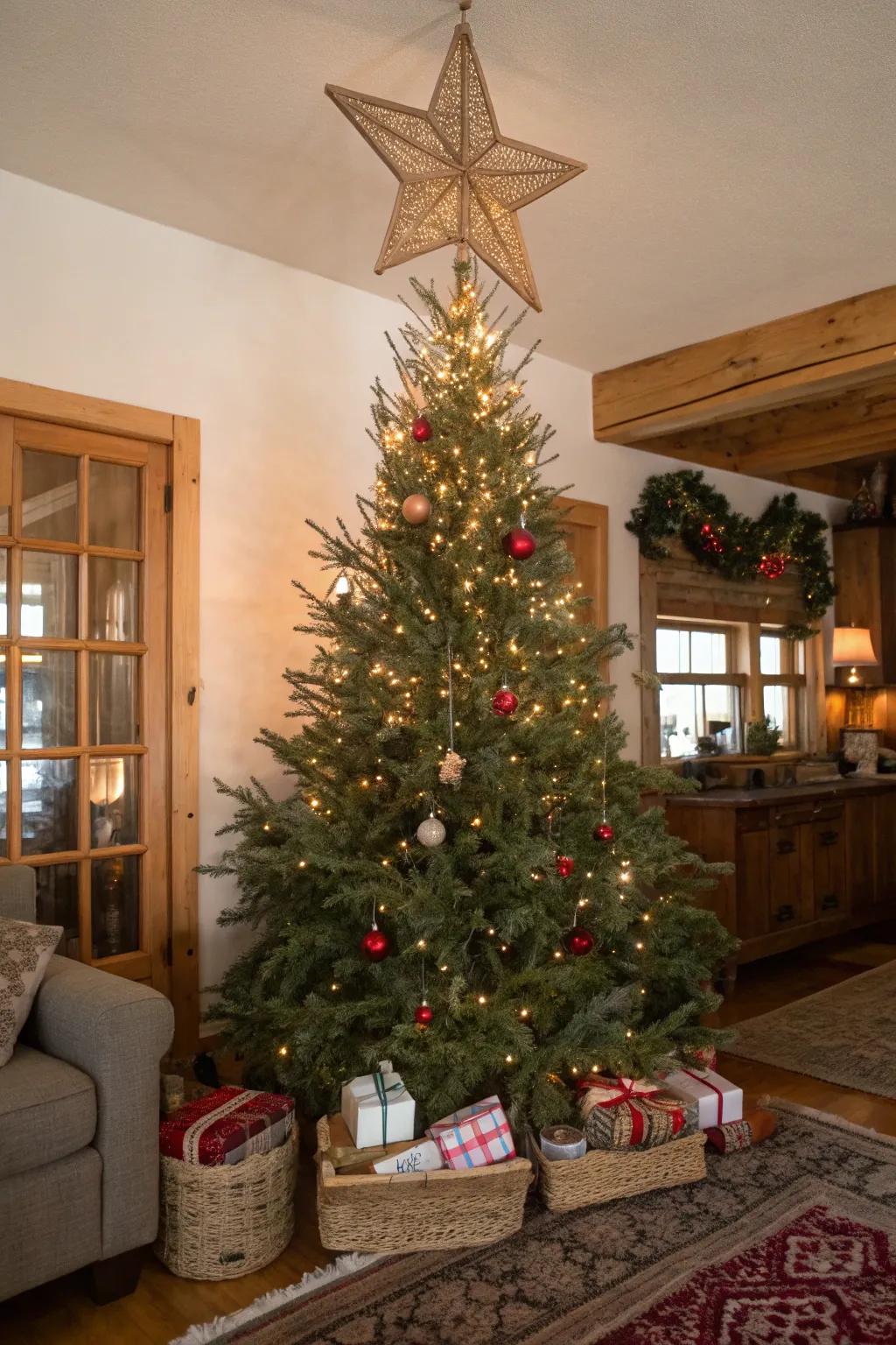 A woven star adds a handcrafted touch to this rustic Christmas tree.