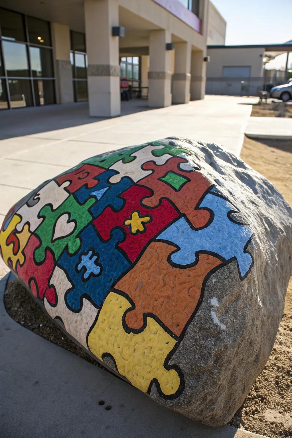 A rock painting of interlocking puzzle pieces symbolizing unity.