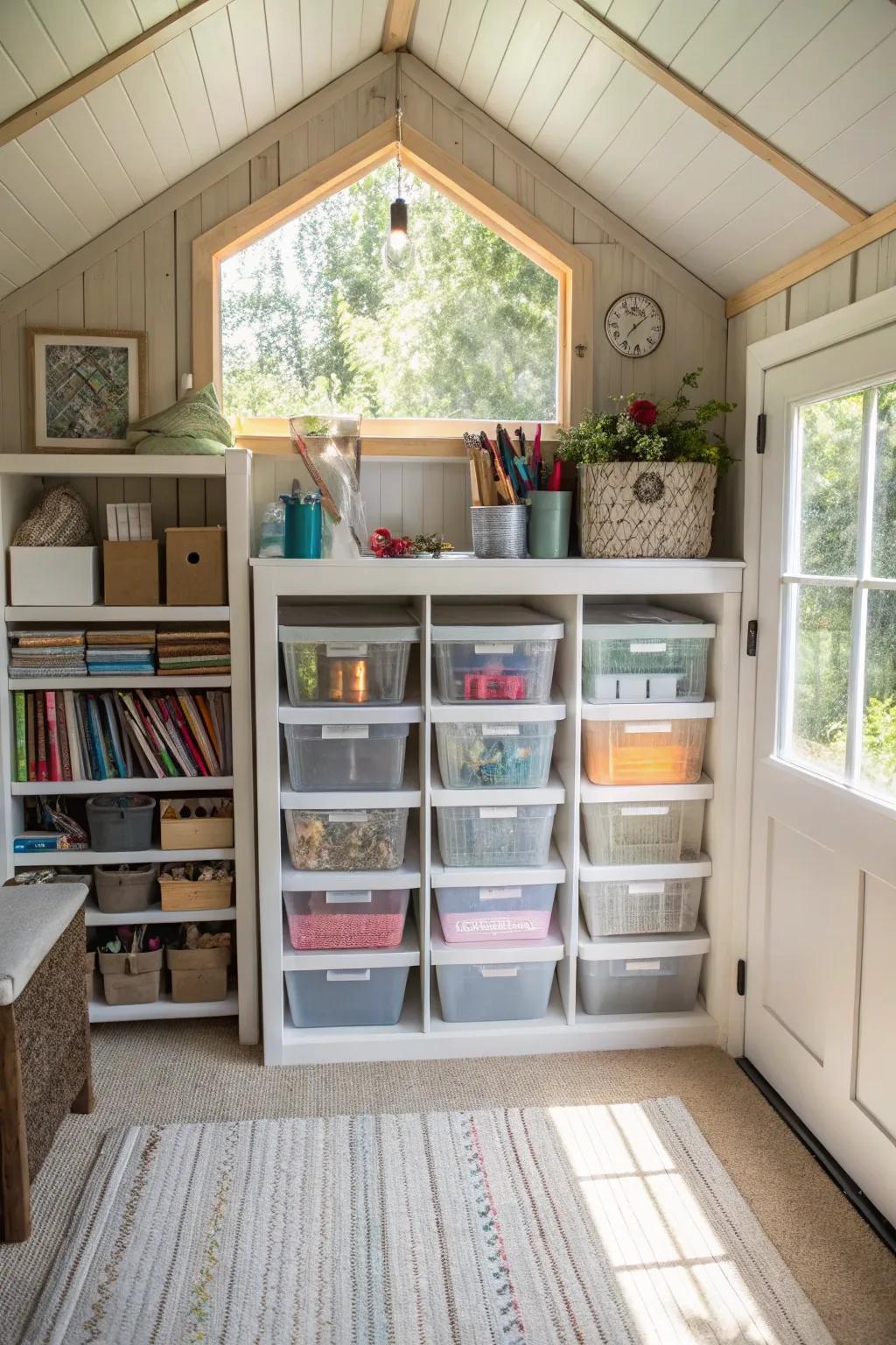 Transparent storage makes it easy to find supplies in a she shed craft room.