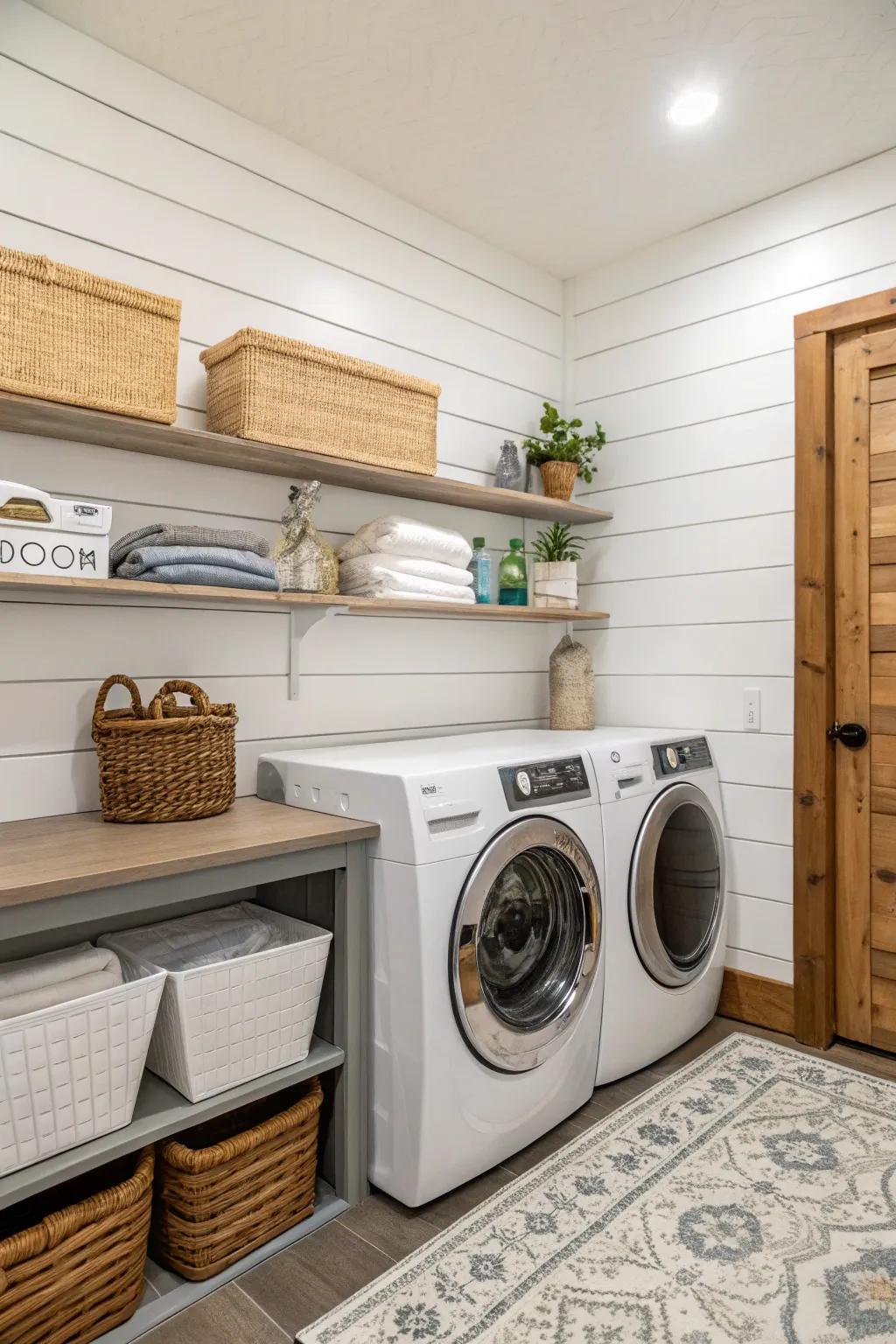 A stylish laundry room with shiplap wainscoting for added interest.