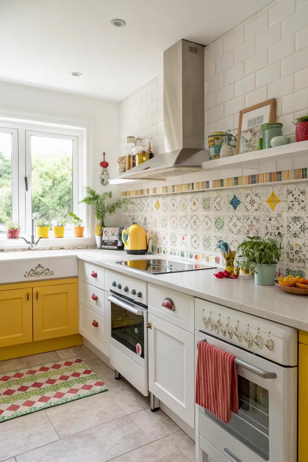 Ceramic tiles provide a simple and colorful backdrop in this vibrant kitchen.