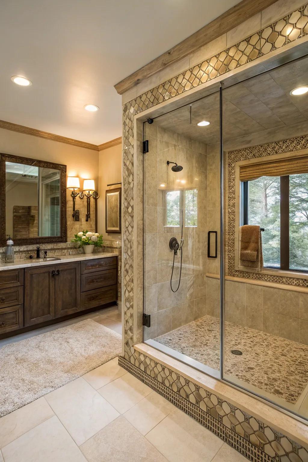 Textured tiles add dimension and interest to shower borders.