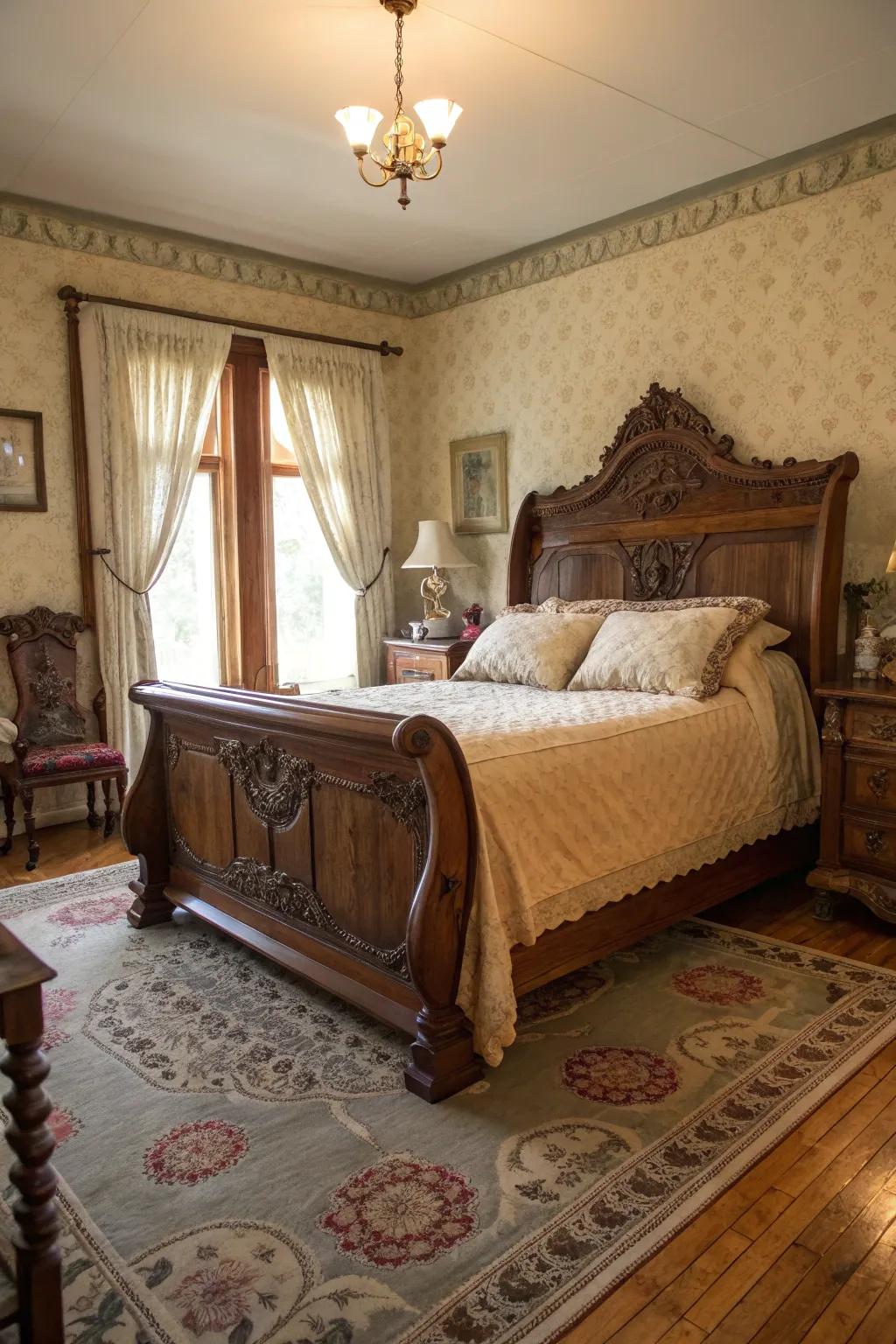 Vintage accents add character and warmth to this sleigh bed.