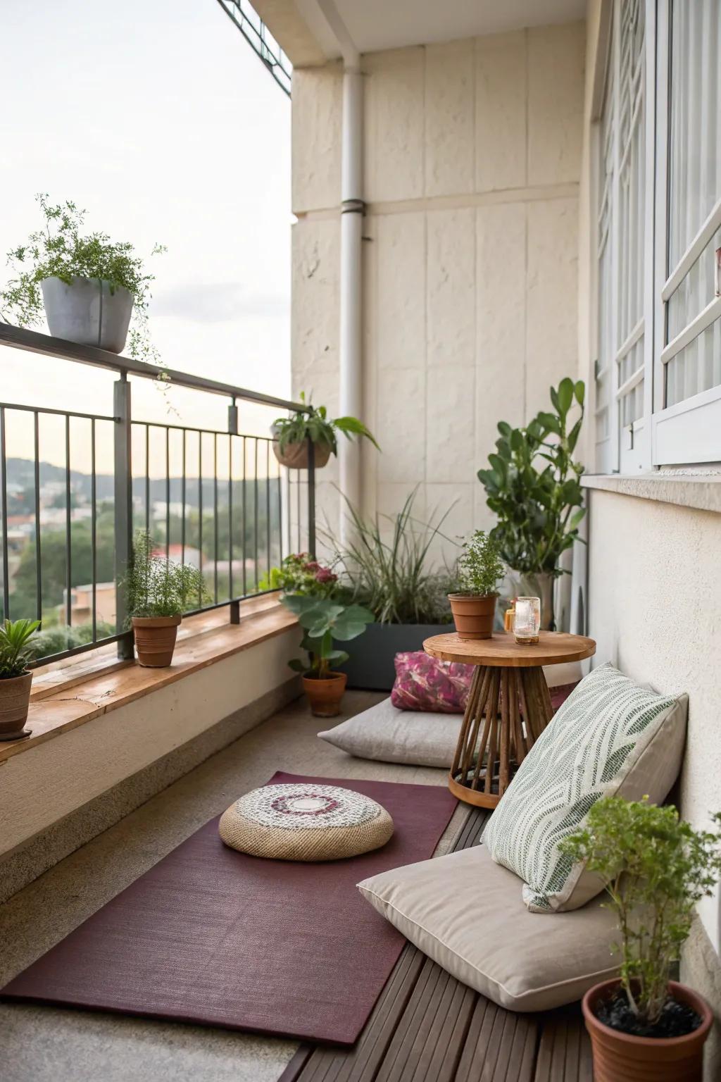 A zen corner provides a peaceful retreat.