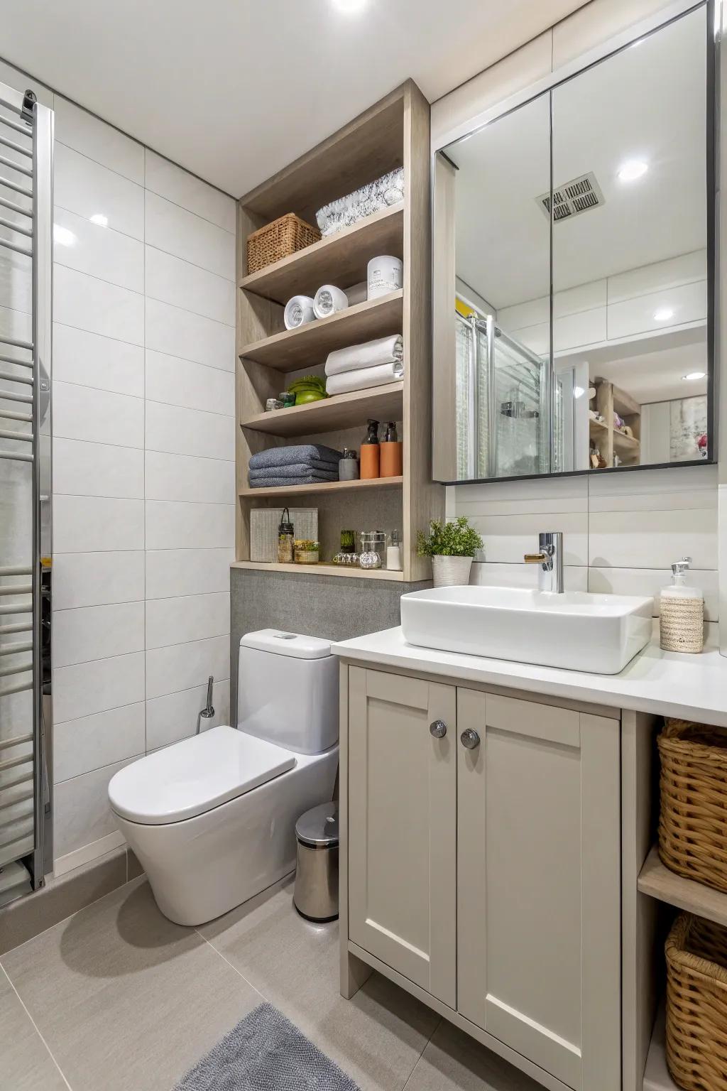 Smart storage keeps small bathrooms tidy and efficient.