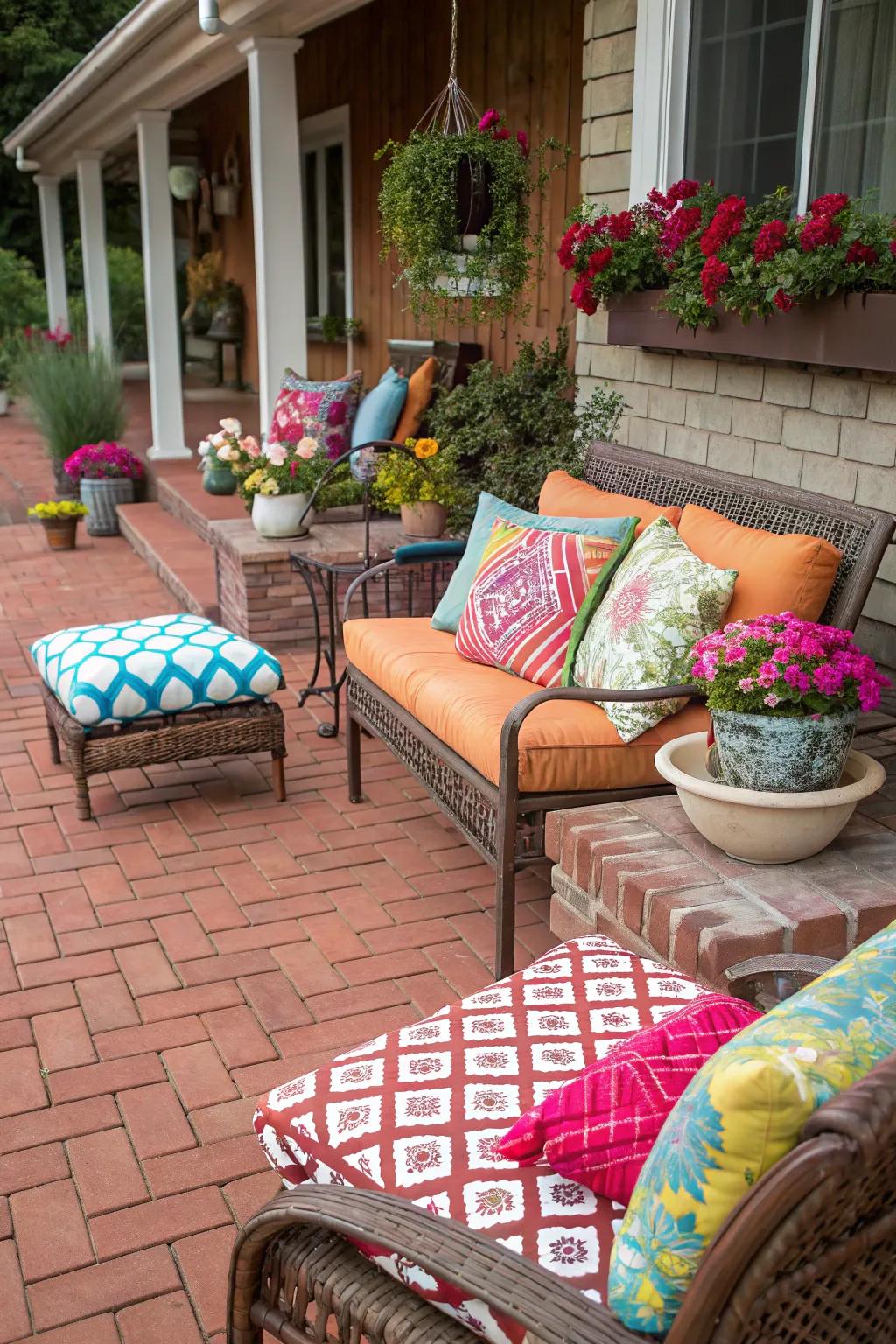 A brick patio with colorful cushions and decor.