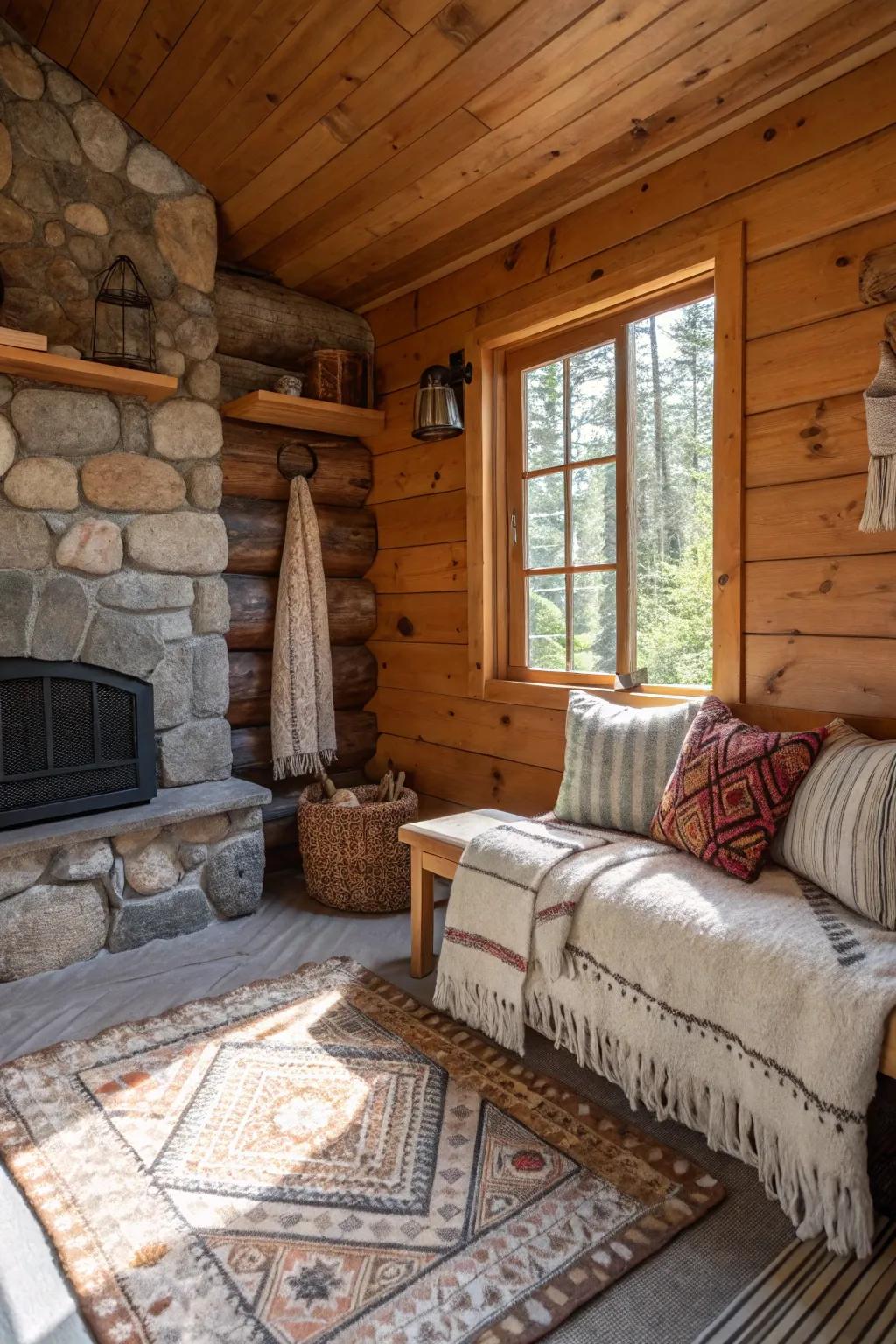 Textures add depth and warmth to a cabin's interior.