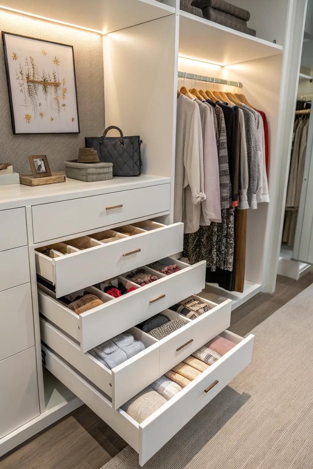 Pull-out drawers make accessing stored items effortless.