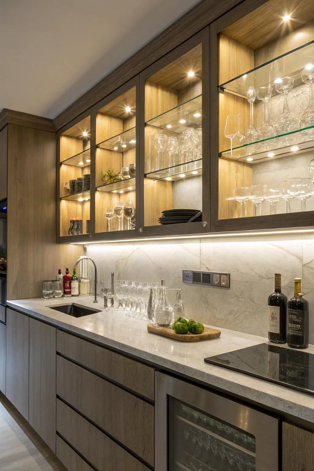 Under-cabinet lighting highlights your storage solutions.