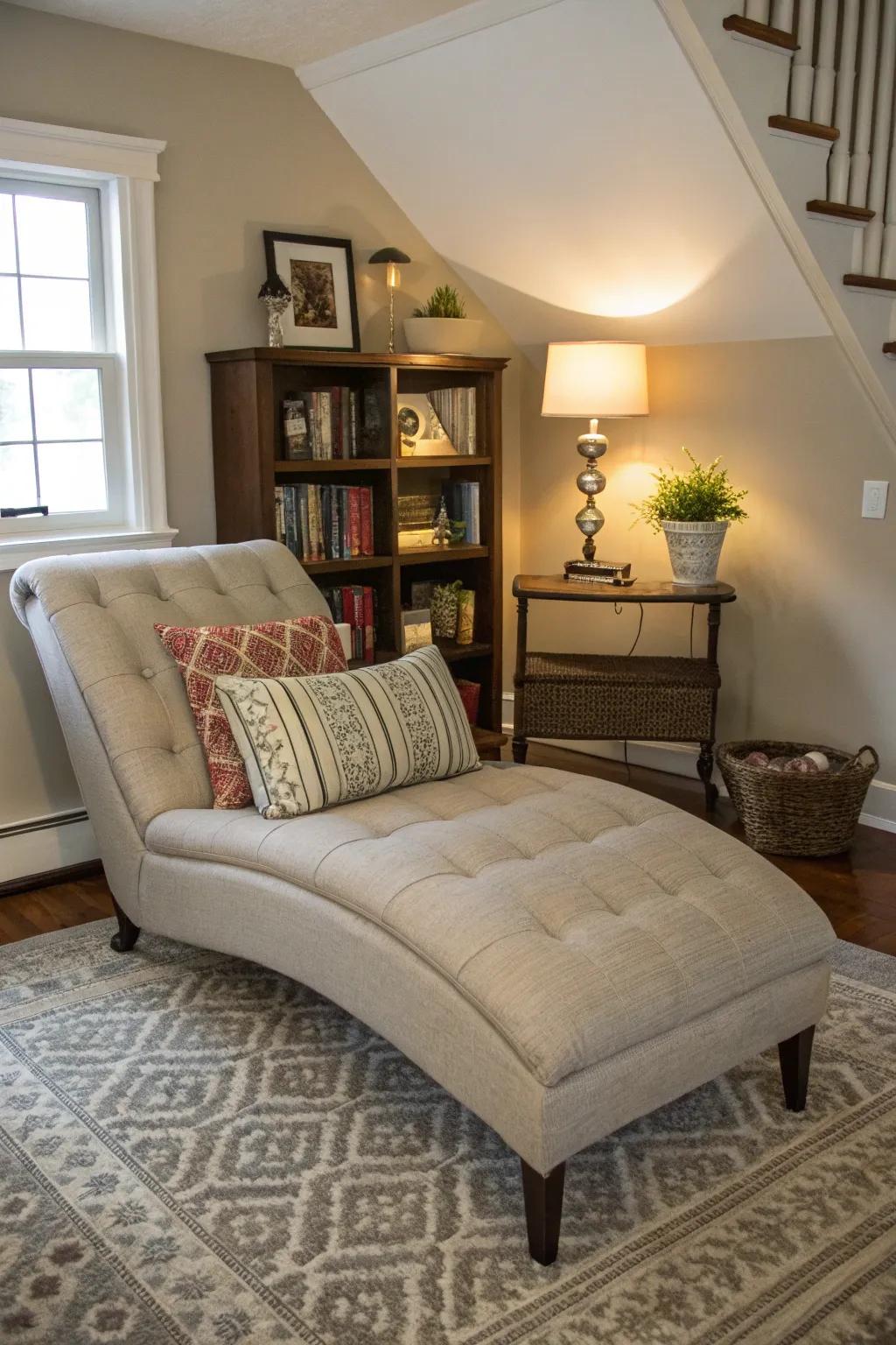 A dynamic and fresh look with a chaise lounge angled in the living room.