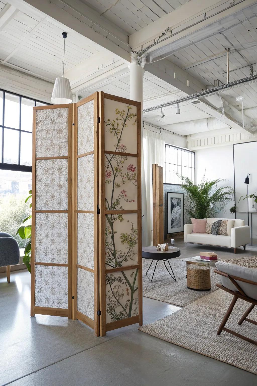 Artistic room dividers adding flair and function to a loft.