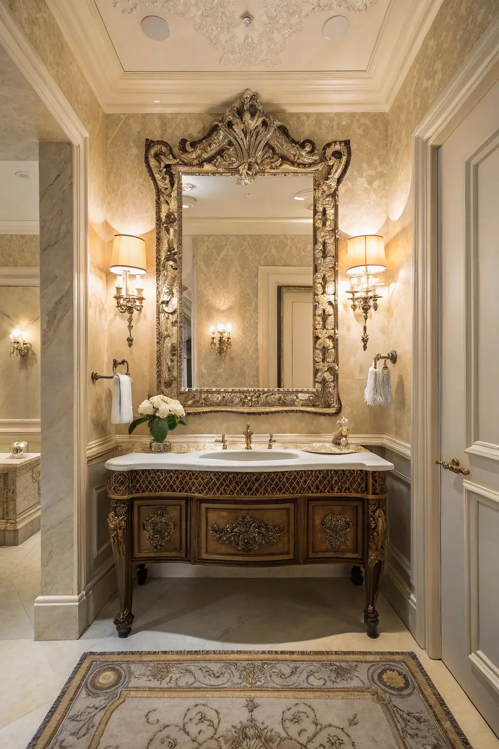 Focal points like decorative mirrors add drama and focus.