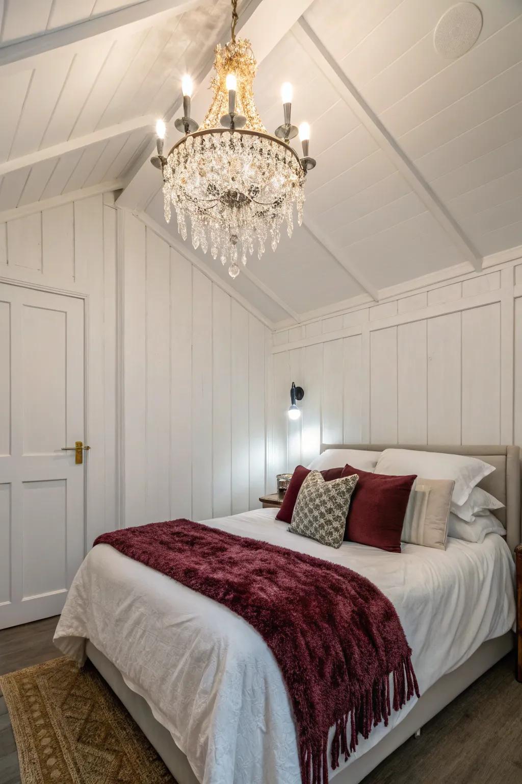 Glamorous touches add elegance to a small white bedroom.