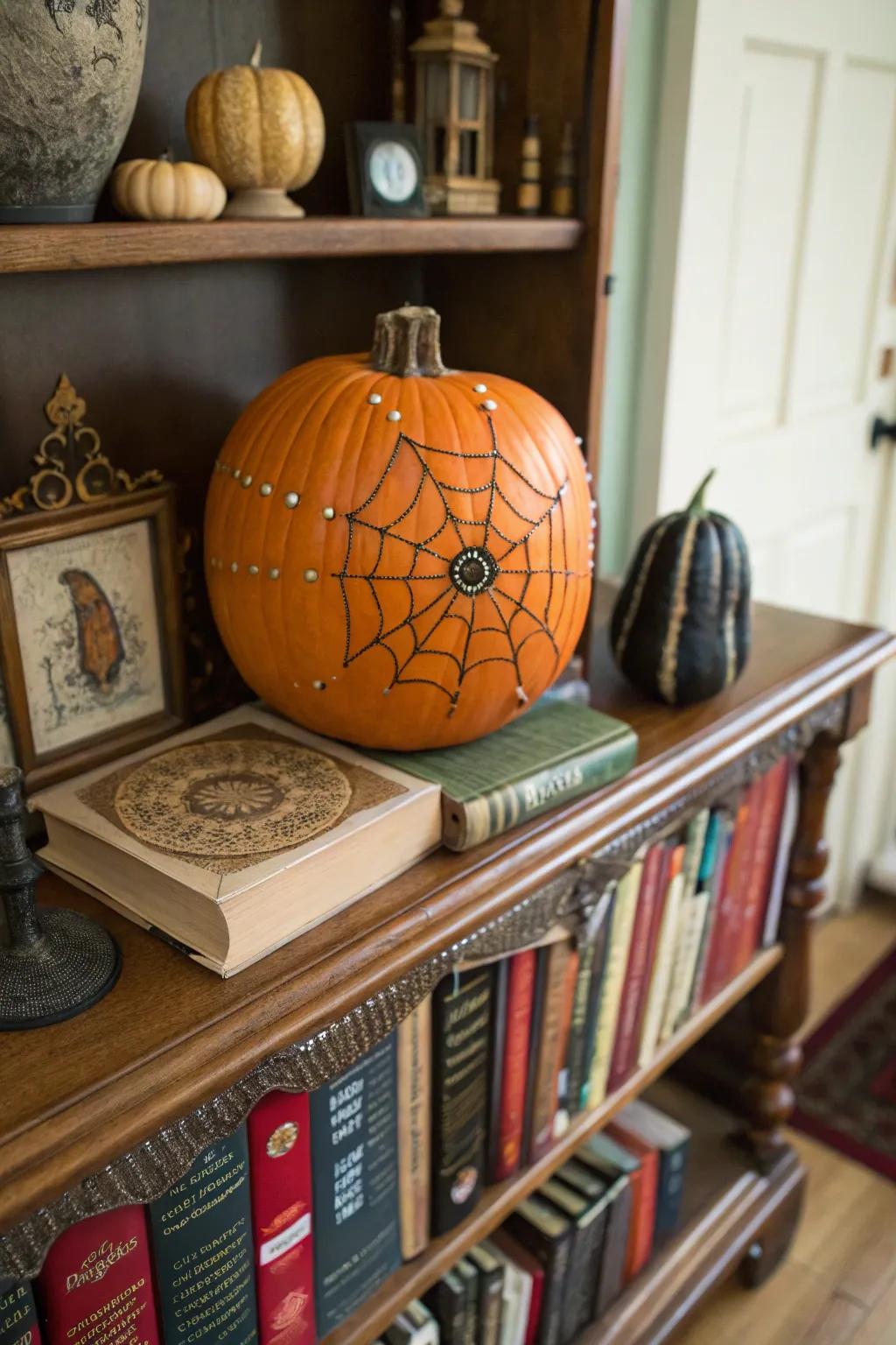 A pumpkin with a charming button spider web.