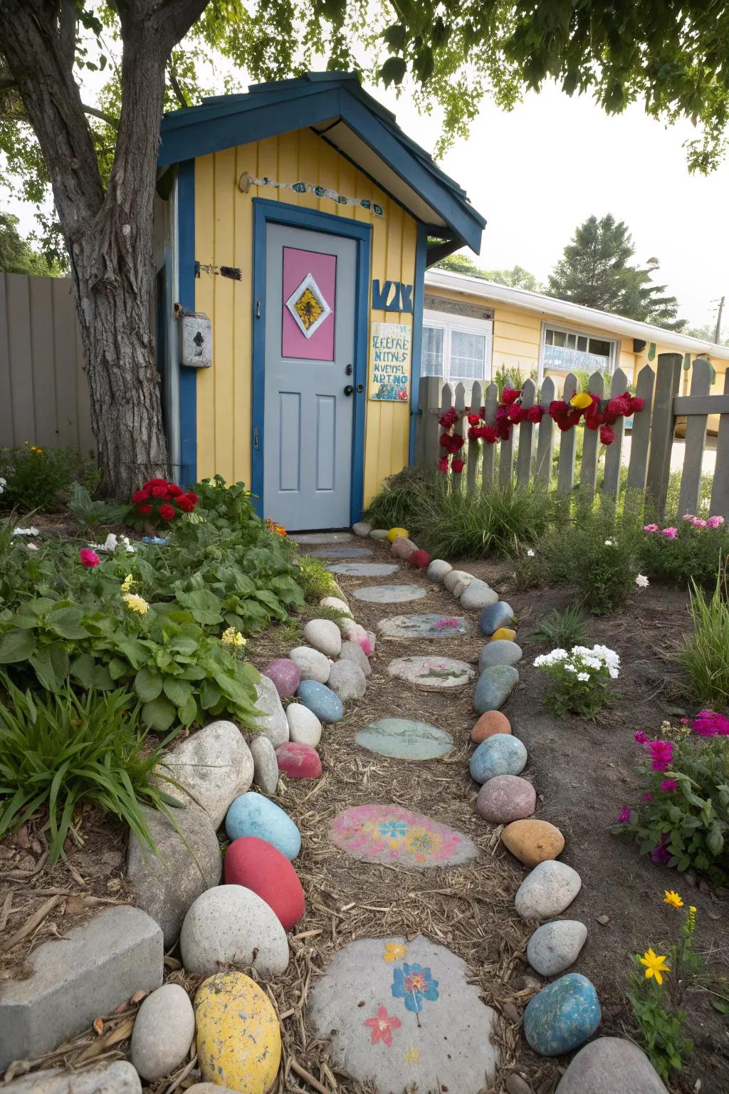 A painted rock pathway leads to the preschool door.