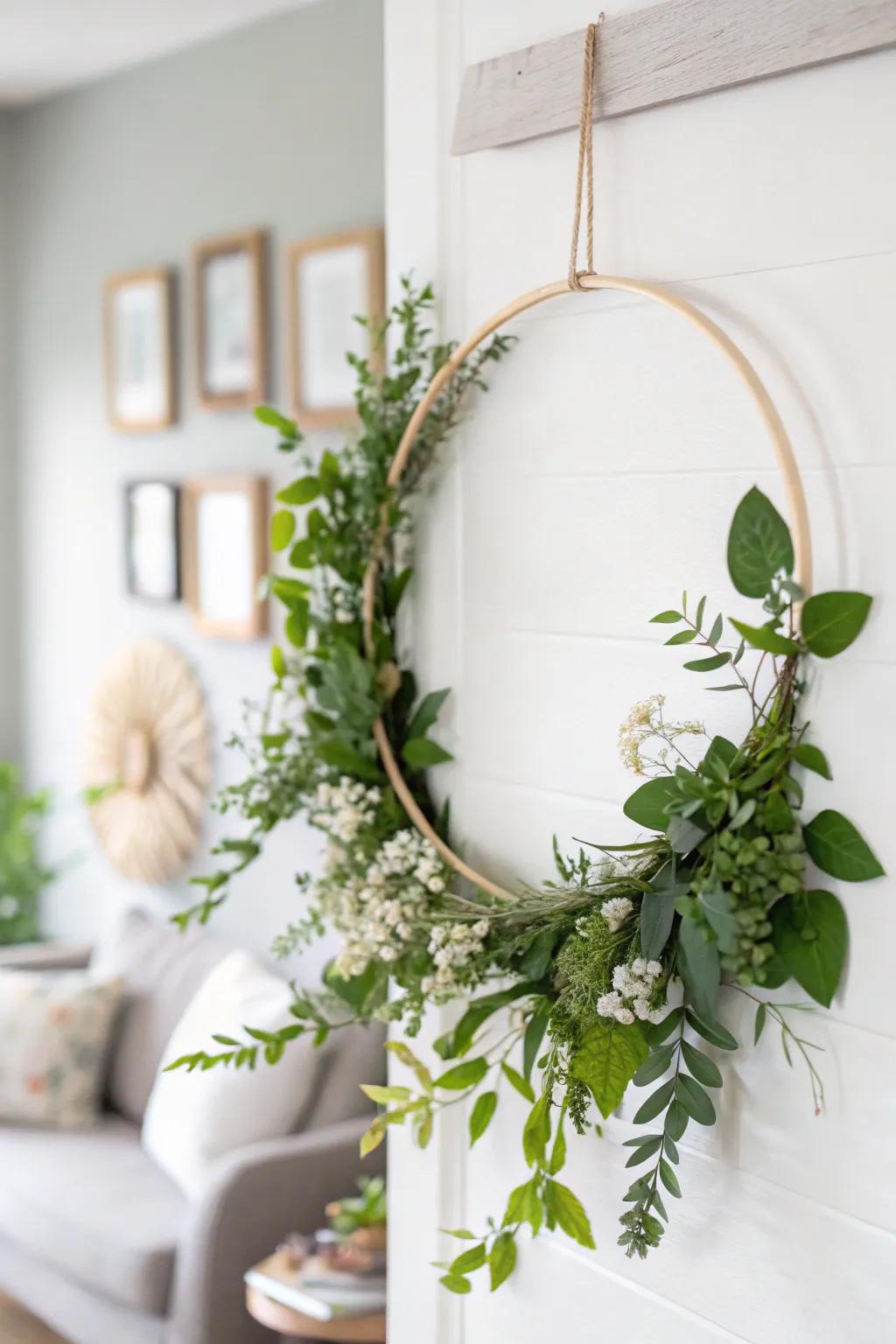 A sleek and modern spring hoop wreath for minimalist decor.