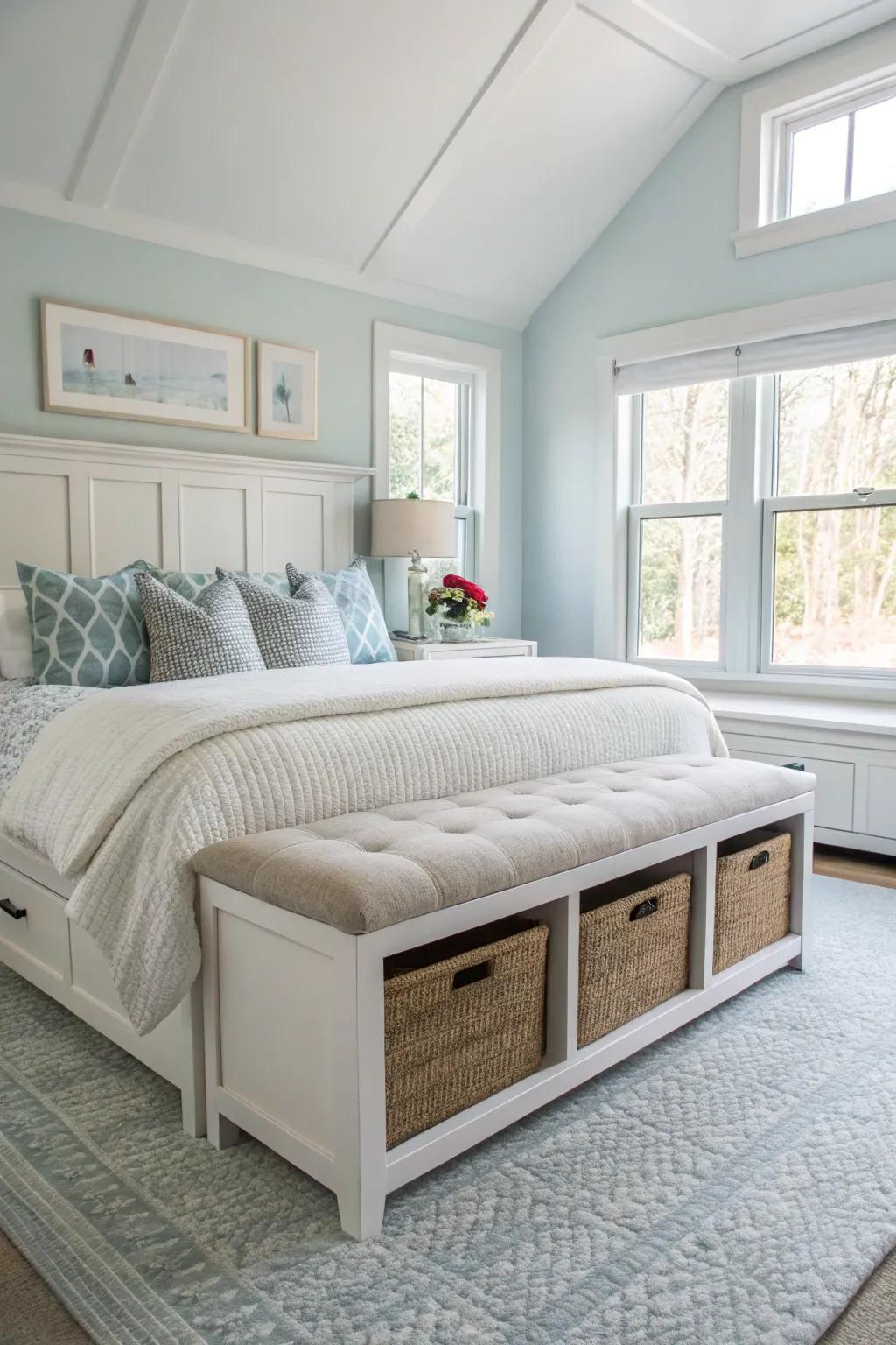 A storage bench at the foot of the bed adds function and style.