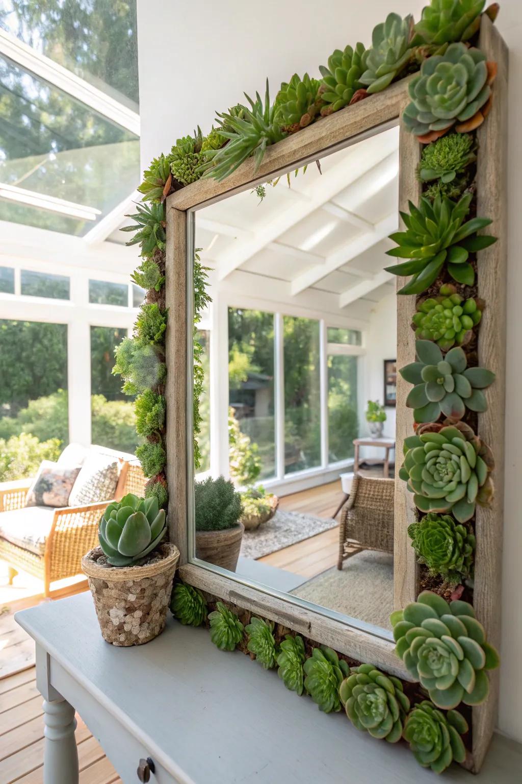 Add greenery with a succulent mirror frame.