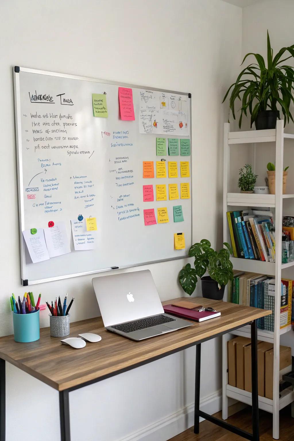 Stay organized with a wall-mounted whiteboard for quick notes.