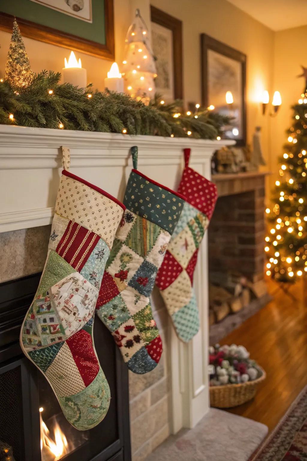 Cozy quilted stockings for a homey feel.