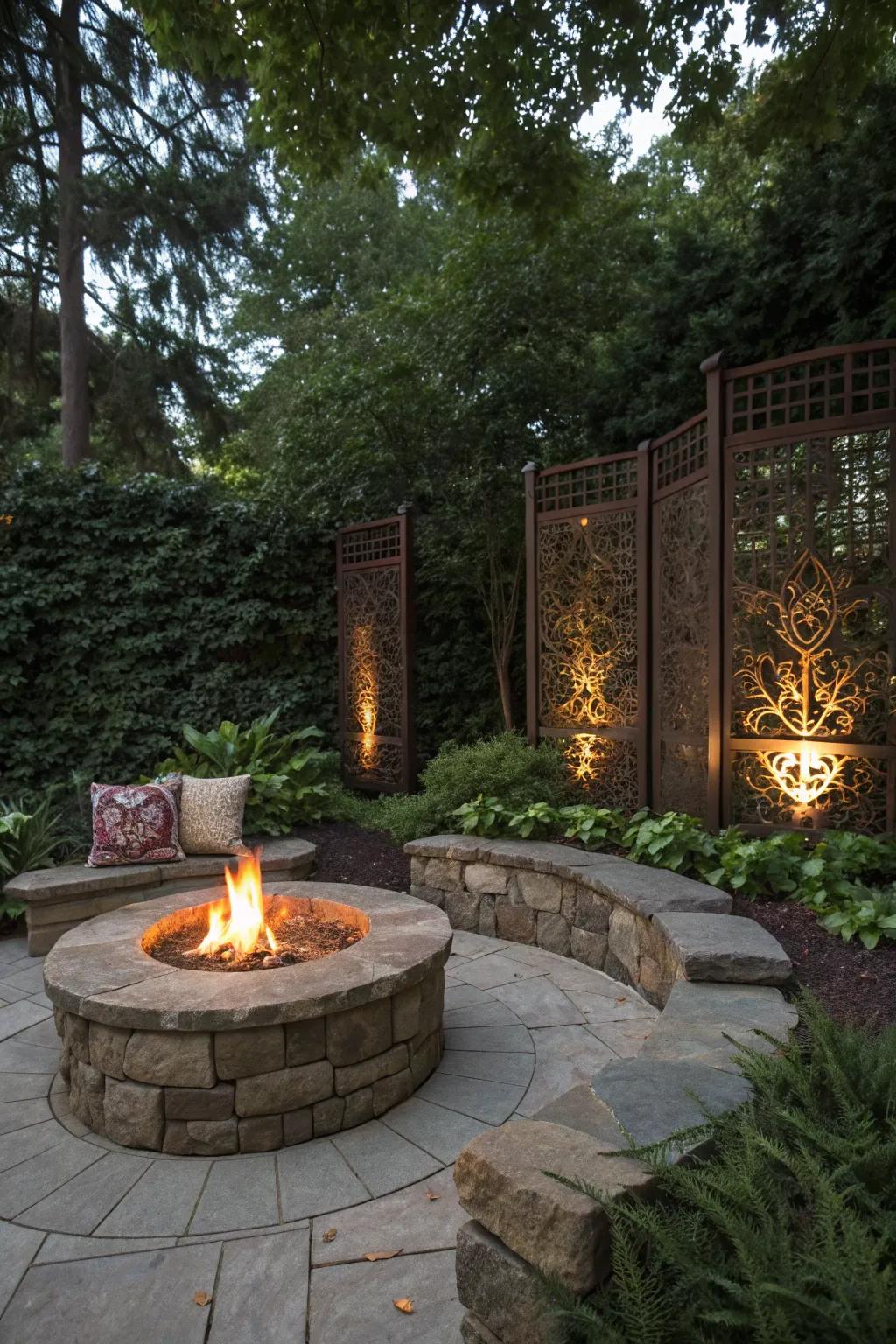 Privacy screens around the fire pit create a secluded and cozy area.