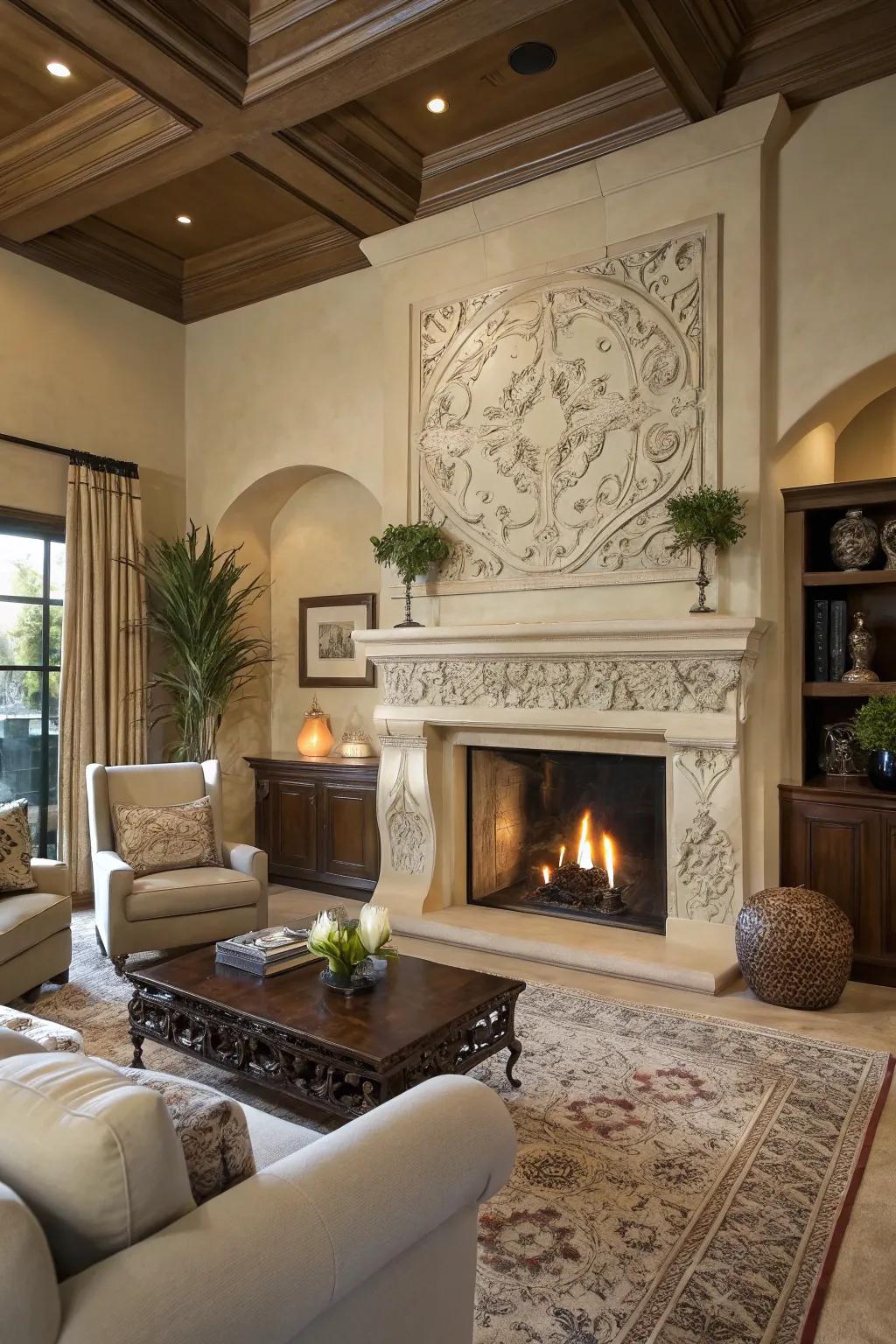 Artistic plaster designs make this stucco fireplace a true work of art.