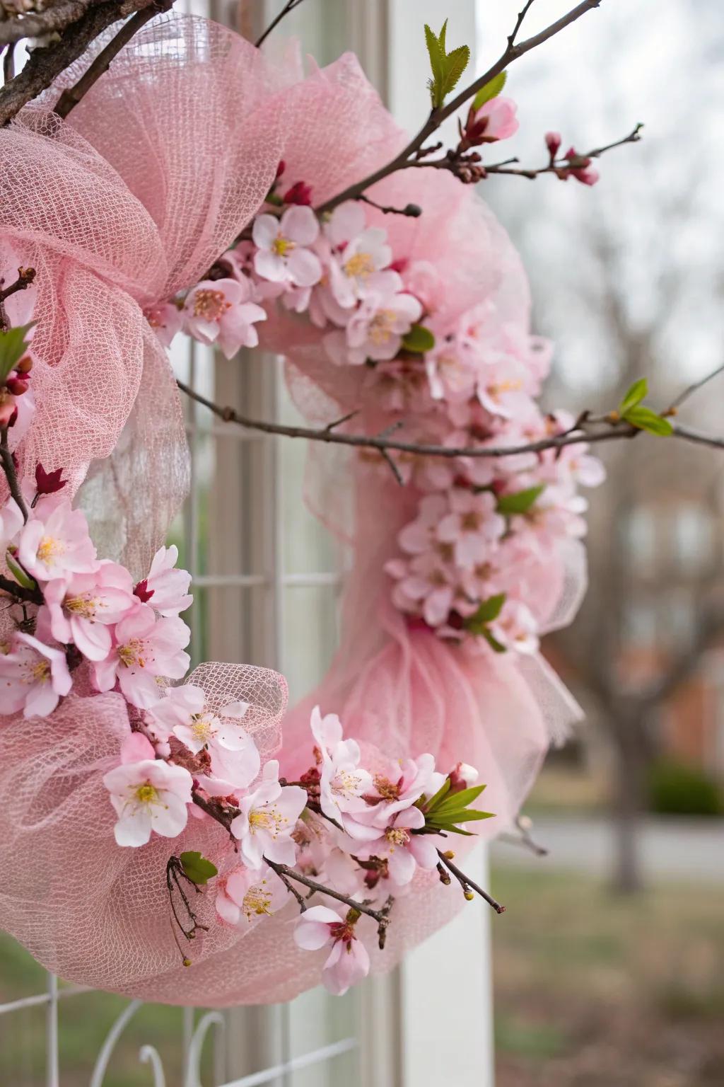 A cherry blossom dream mesh wreath that offers serene beauty.