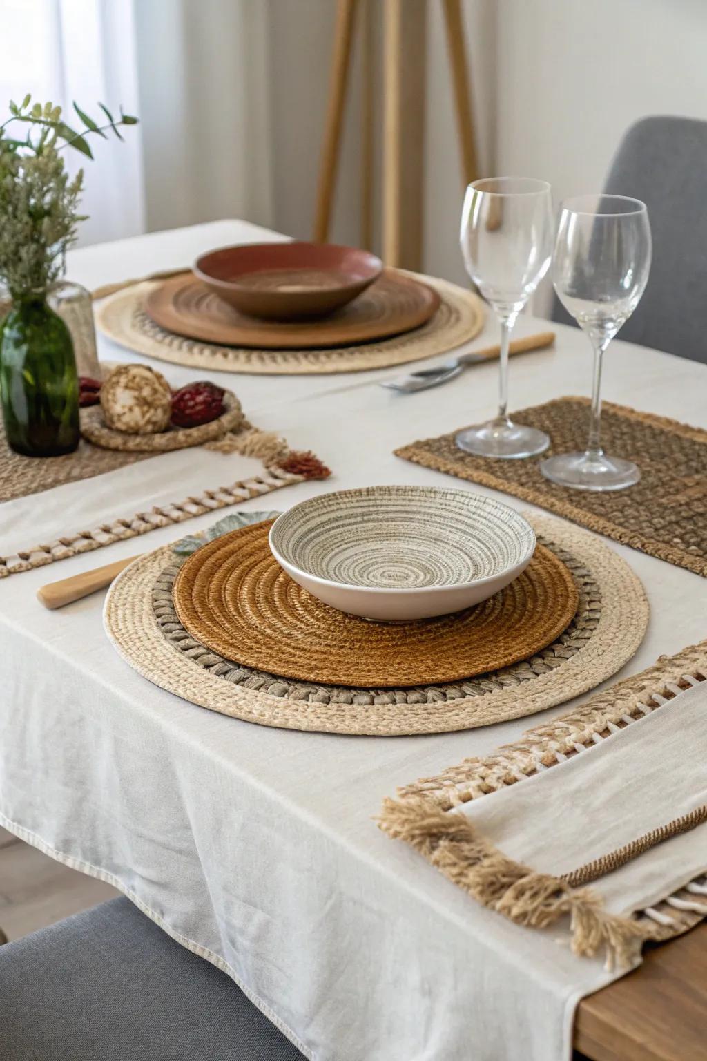 Layered placemats create a rich, inviting table setting.