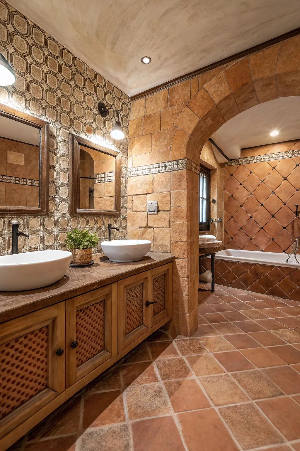 Layered terra cotta textures create a sophisticated bathroom ambiance.