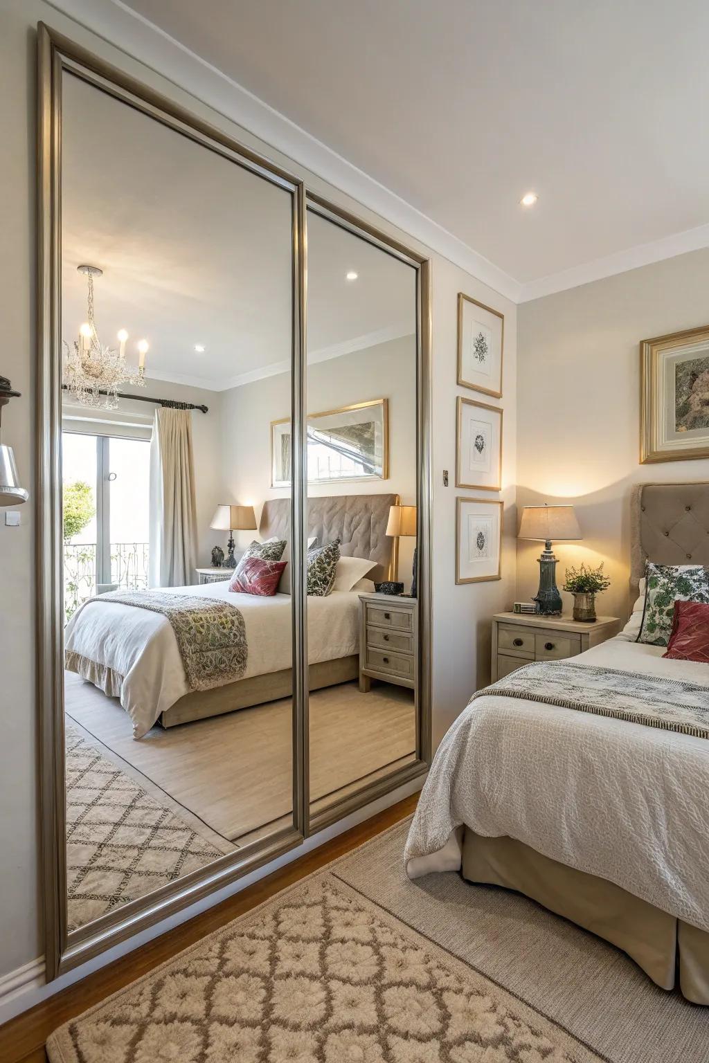 Mirrors enhance light and space in this townhouse bedroom.