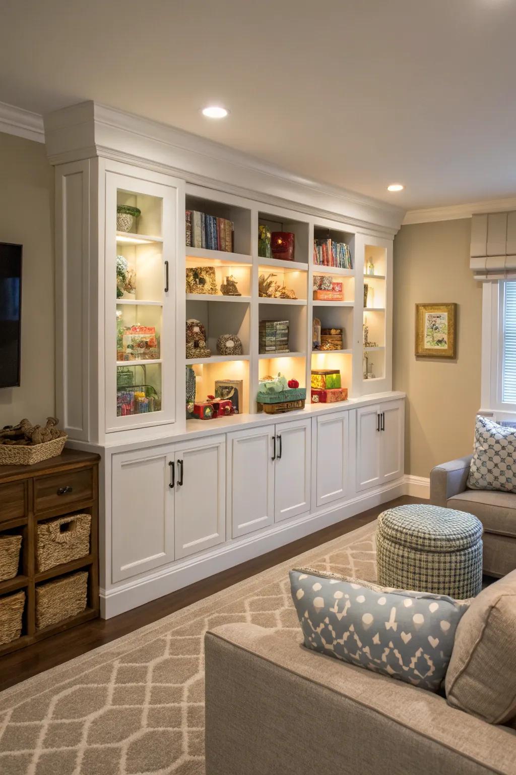 Corner cabinets provide hidden toy storage solutions.