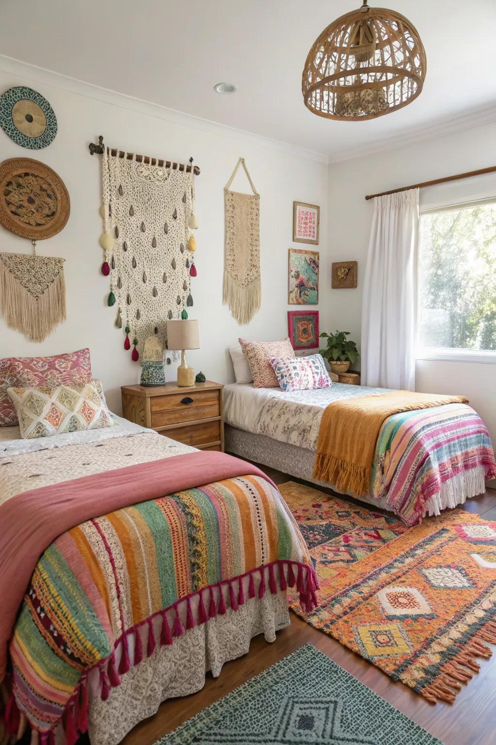 Bohemian elements create a free-spirited twin bedroom.