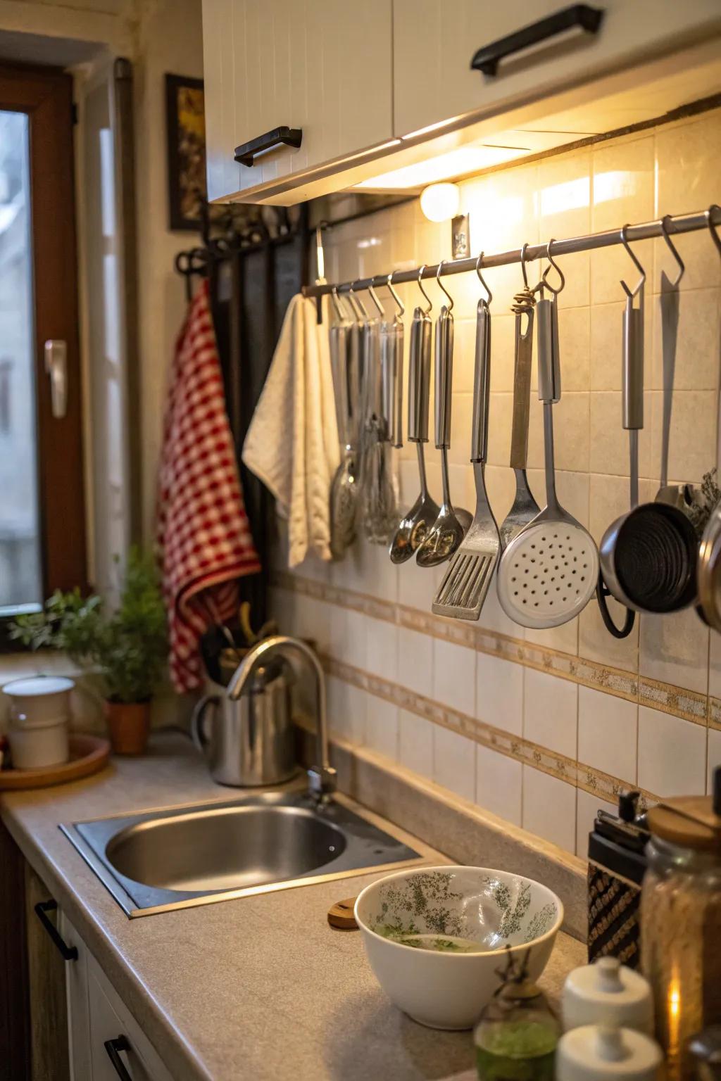 Over-the-sink rails optimize space in small kitchens.